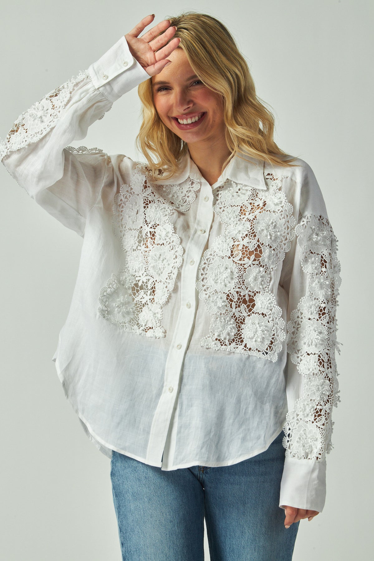 Scarlette Top in ivory ramie, cutwork lace button front top, side view