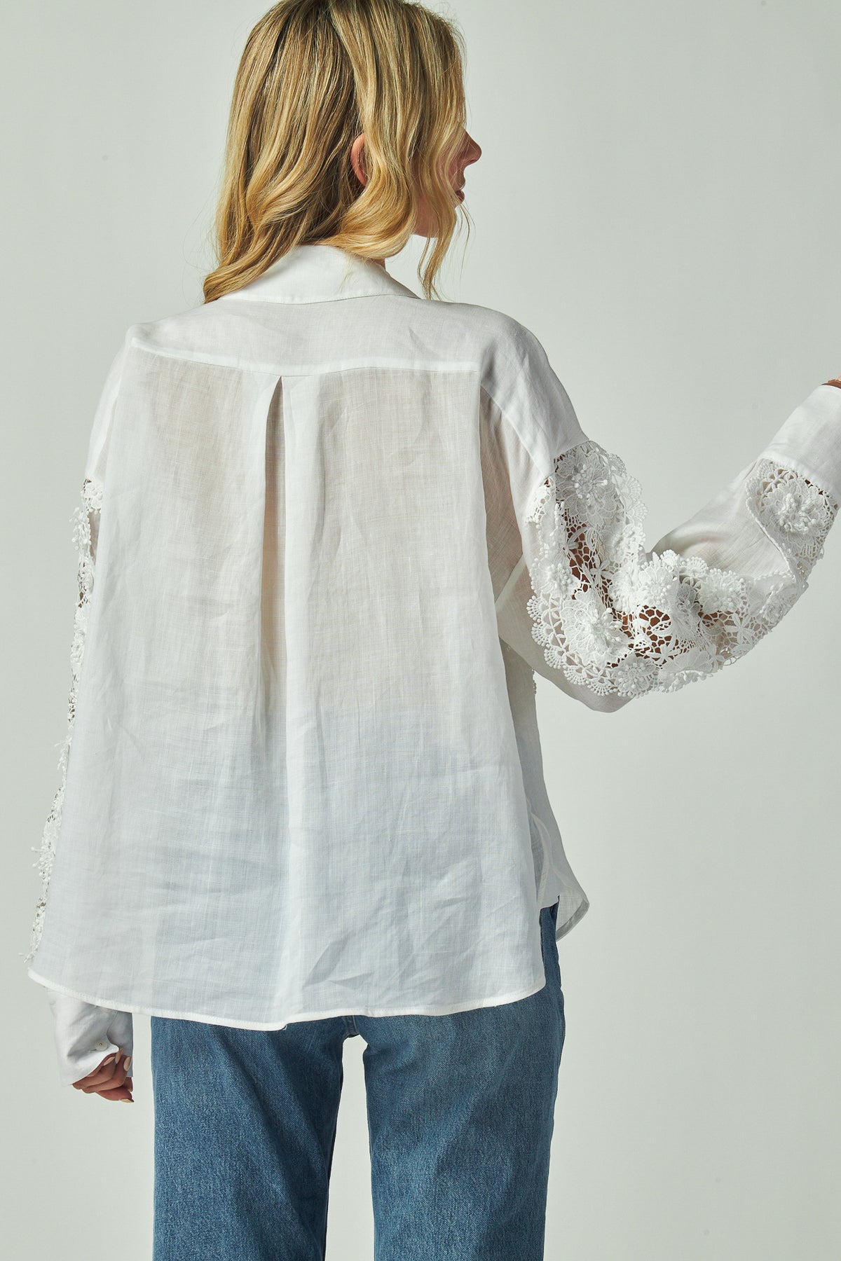 Scarlette Top in ivory ramie, cutwork lace button front top, back view