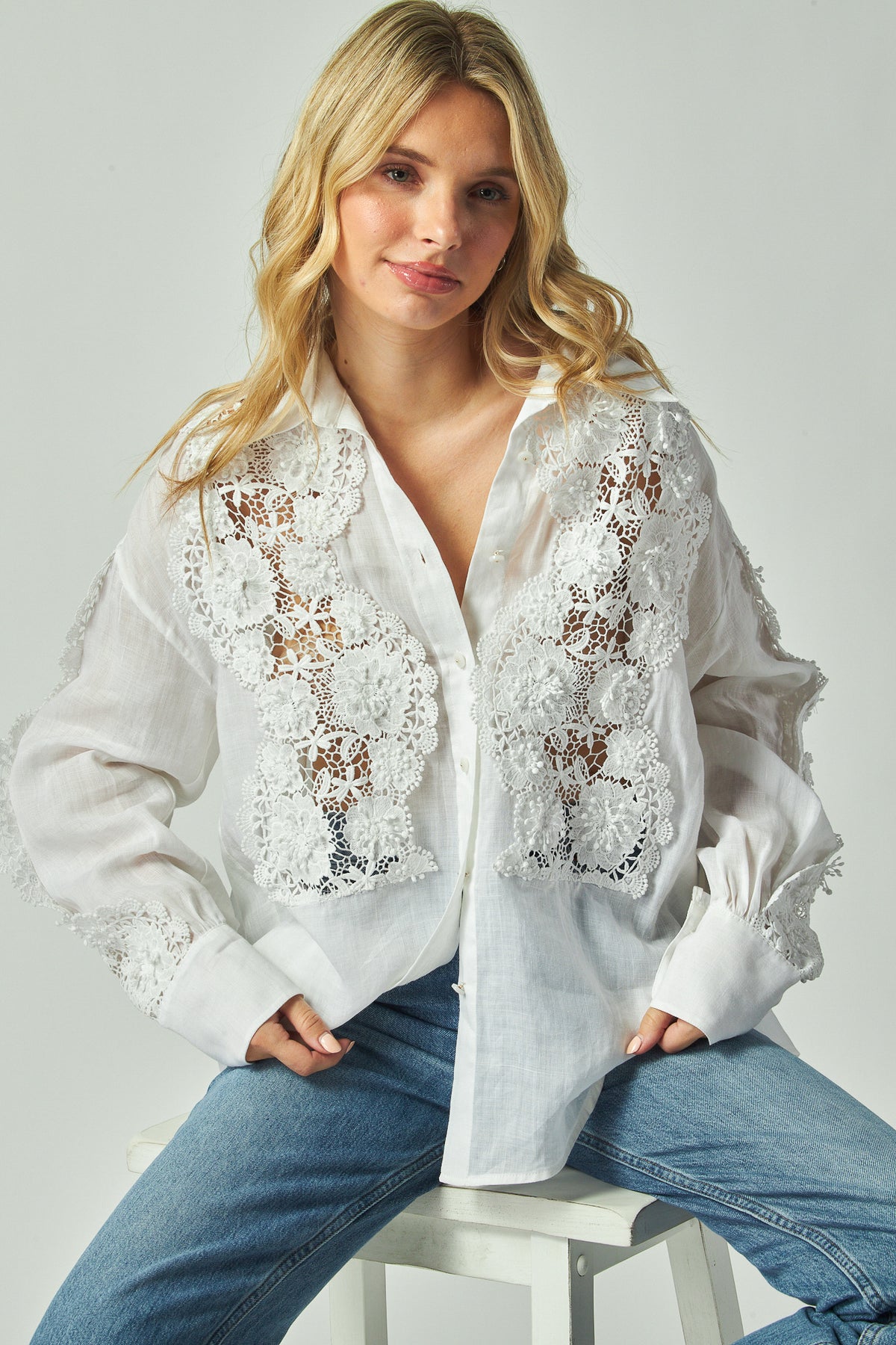 Scarlette Top in ivory ramie, cutwork lace button front top, close up of the cutwork lace panels