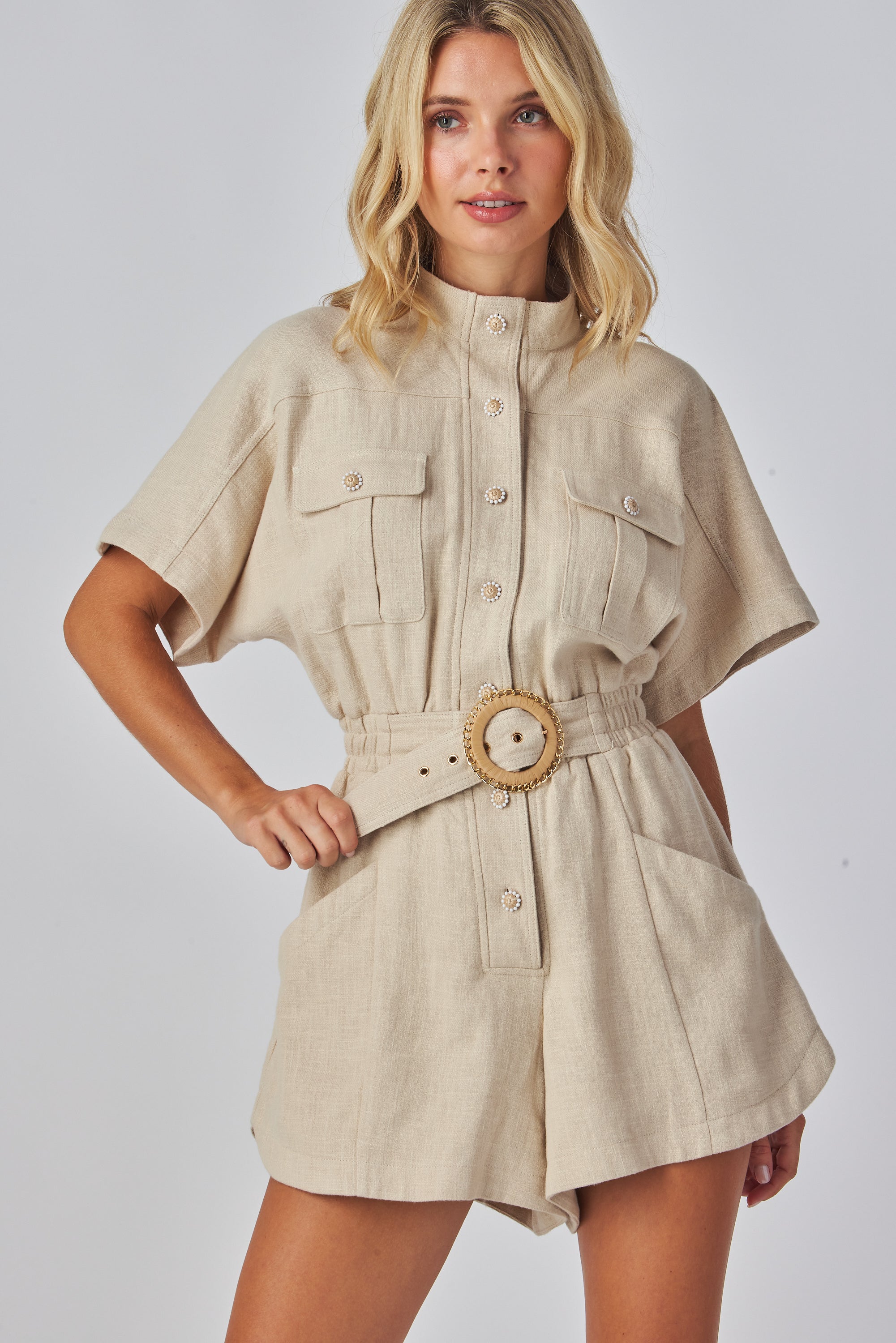 Puff Sleeve Fitted Cuff Romper
High Neck Collarless Romper
Button Up Romper
High Waist Cinch Belted Romper
Elastic Back Waist Romper