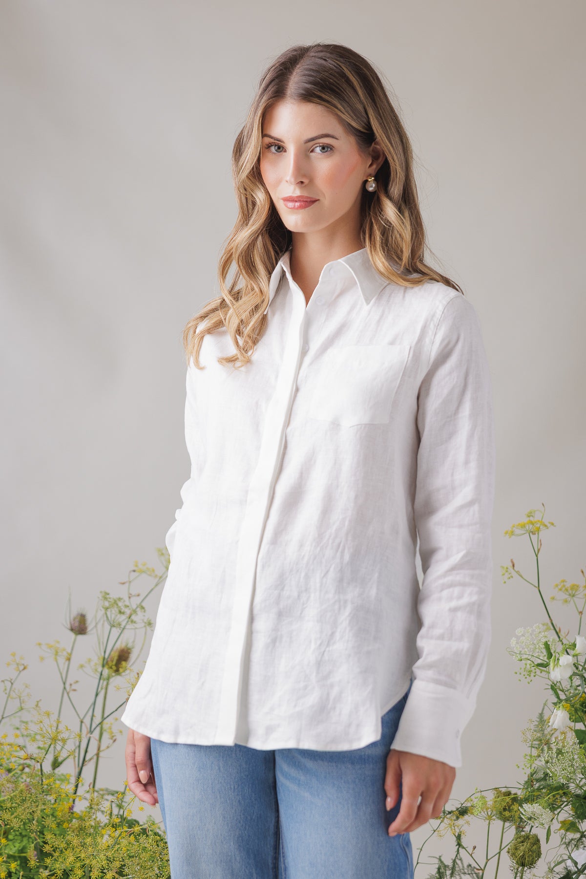 Aries Top white linen shirt front view worn with jeans