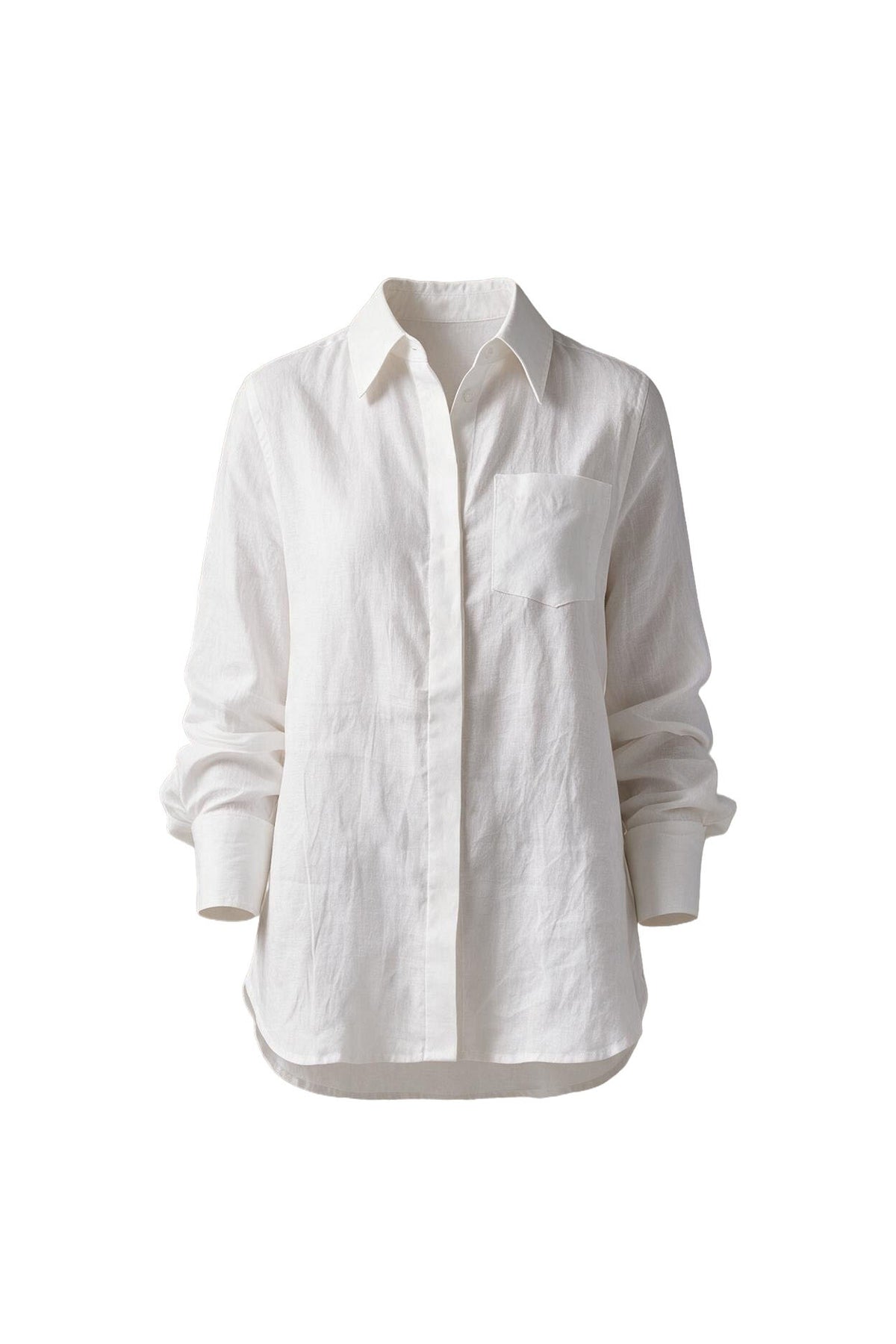Aries Top white linen shirt front view of the full shirt with its curved hem