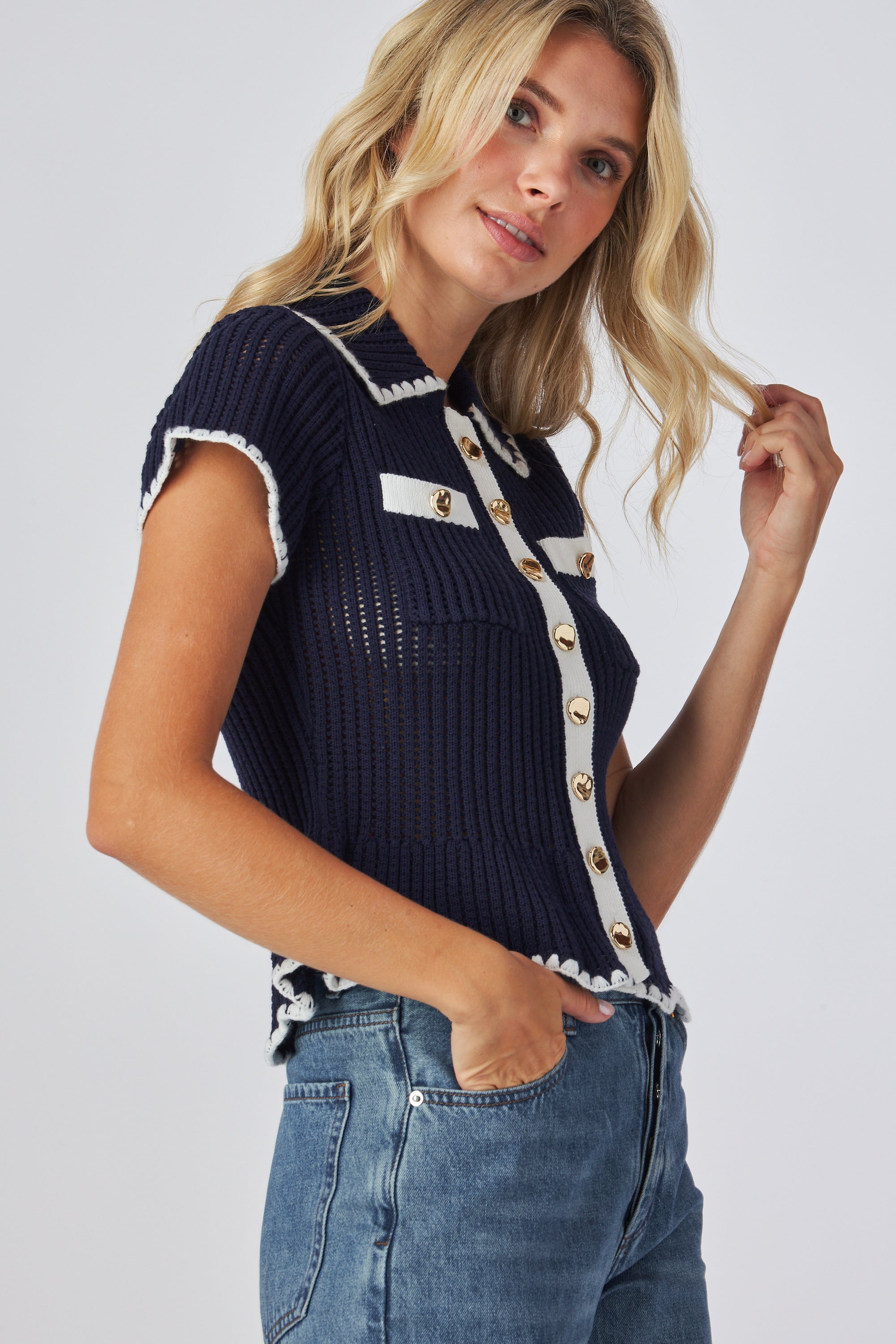Crochet button up blouse
Hollow crochet short sleeve top
Scallop hem crochet blouse
Button front crochet shirt