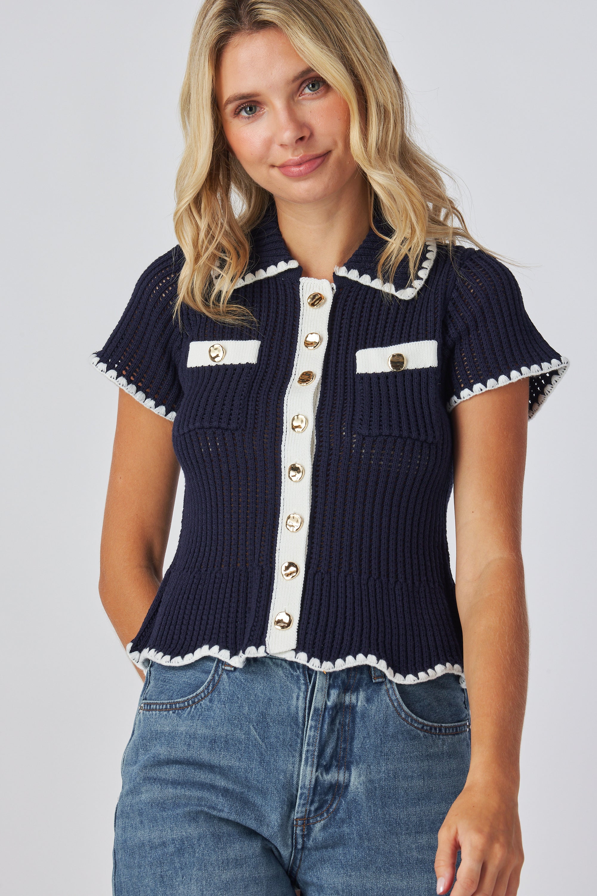 Crochet button up blouse
Hollow crochet short sleeve top
Scallop hem crochet blouse
Button front crochet shirt