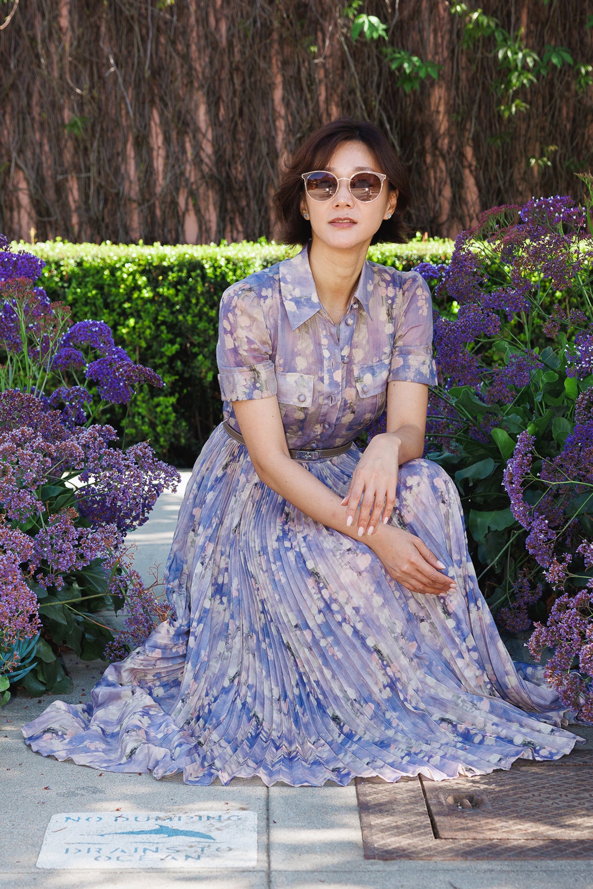 Lilian Maxi Dress lilac floral maxi dress with belted waist, seated view